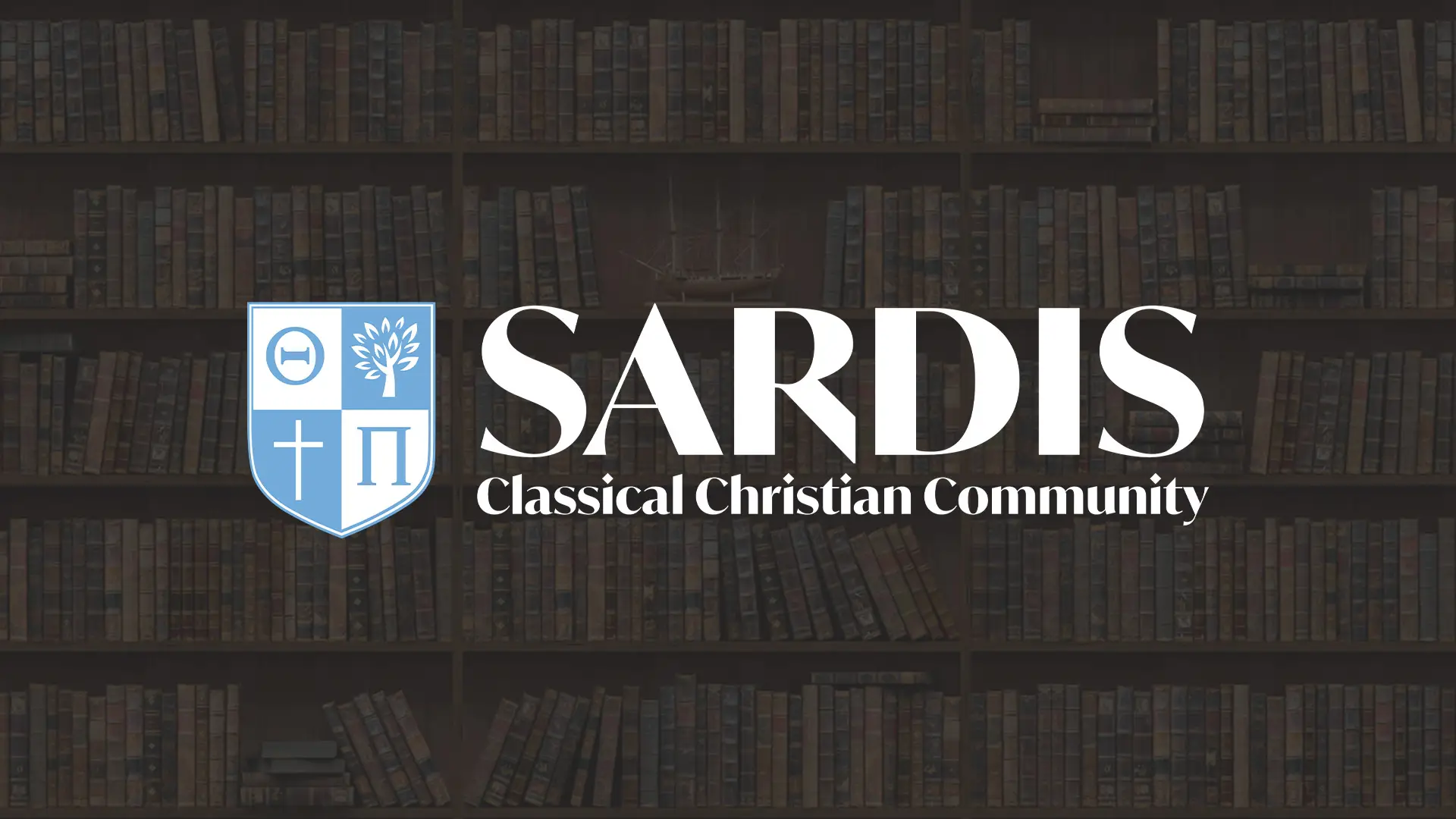 Sardis Classical Christian Community film title over a library